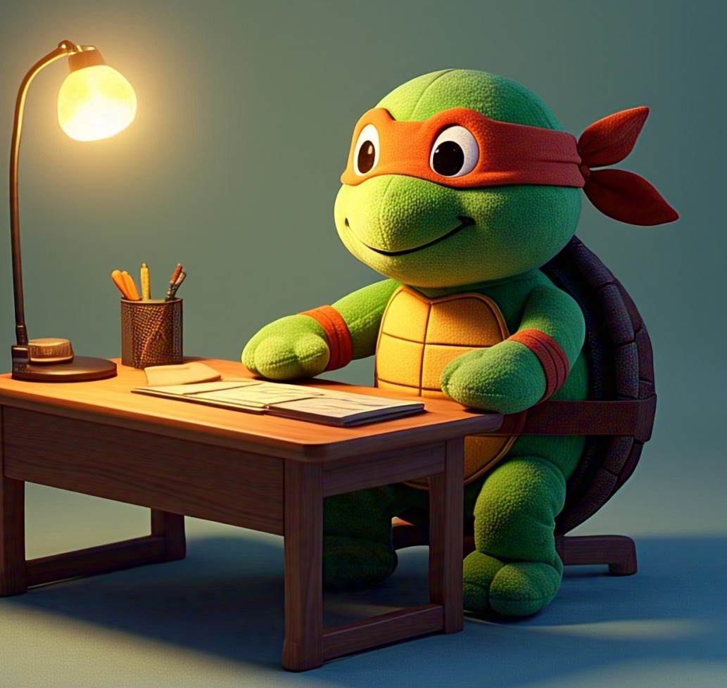 Turtle mascot studying at desk